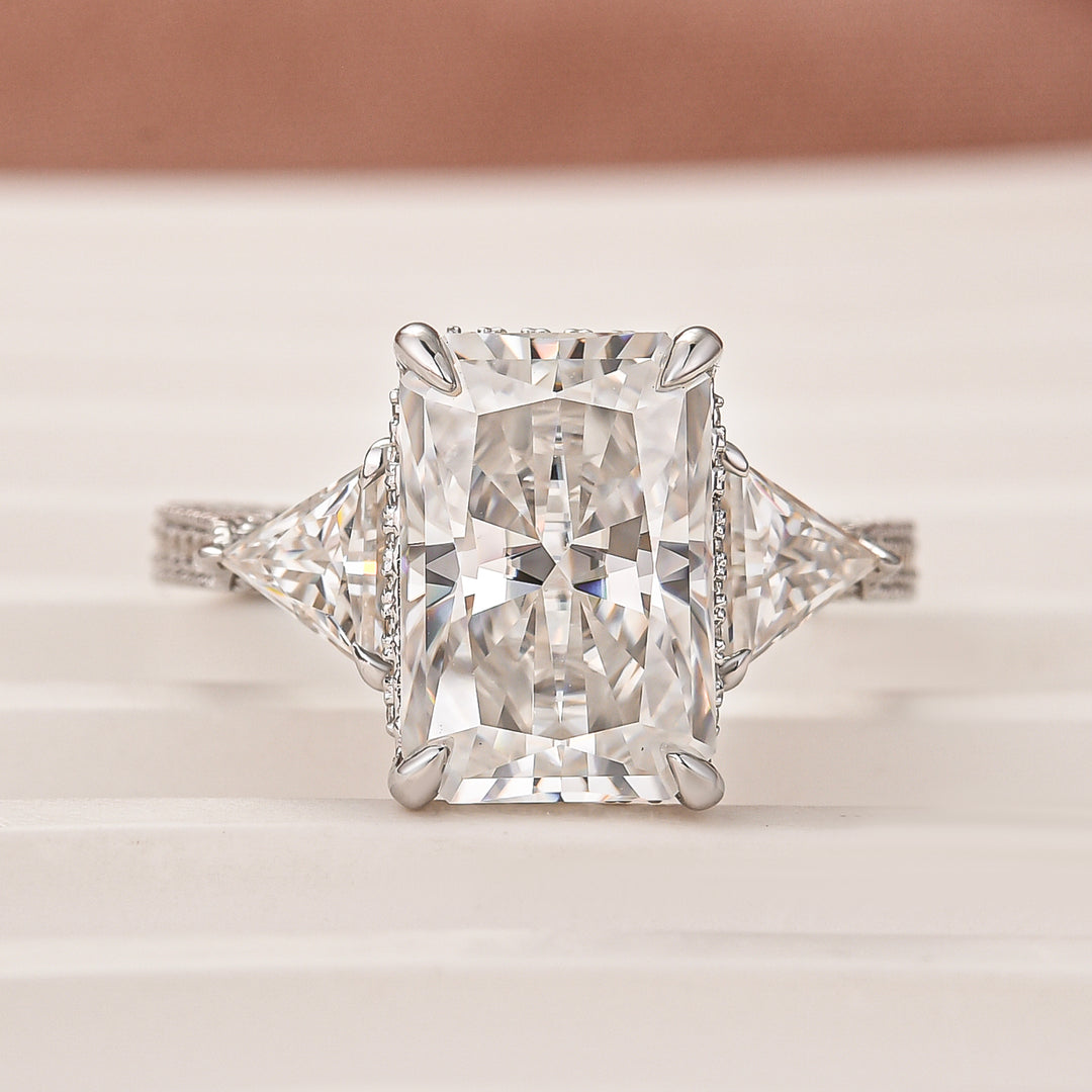 Three Stone 5.0Ct Radiant Cut Moissanite Hidden Halo Engagement Ring In Sterling Silver
