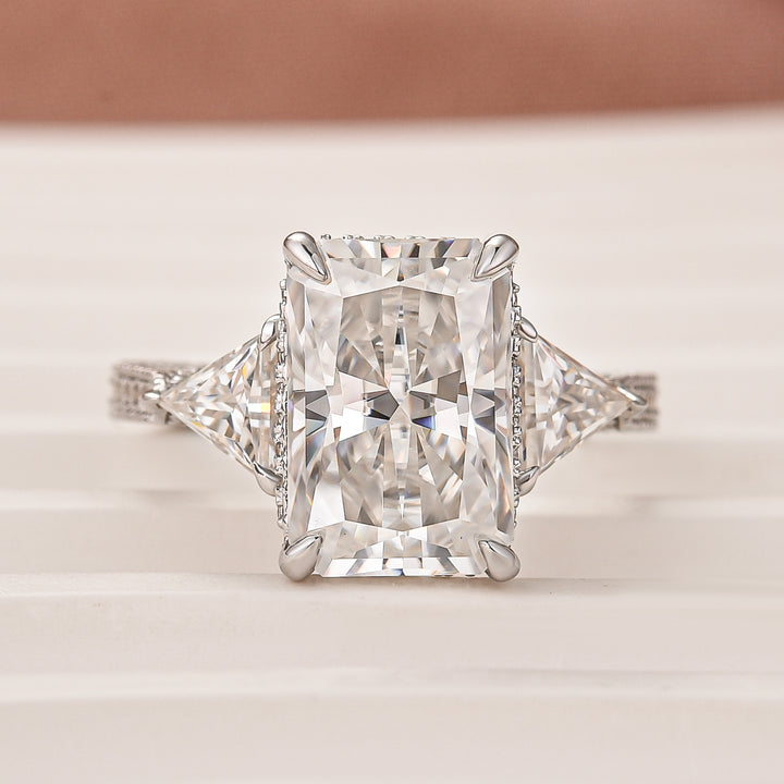 Three Stone 5.0Ct Radiant Cut Moissanite Hidden Halo Engagement Ring In Sterling Silver