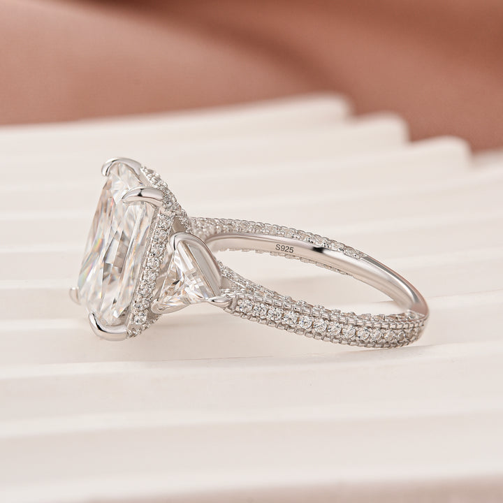 Three Stone 5.0Ct Radiant Cut Moissanite Hidden Halo Engagement Ring In Sterling Silver