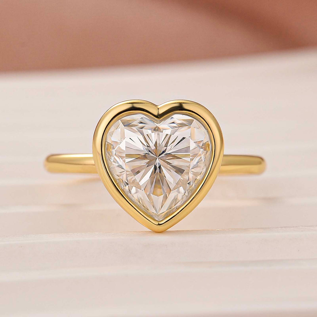 S925 Moissanite 3.0Ct Heart Bezel-Set Solitaire 18K Gold Plated Ring