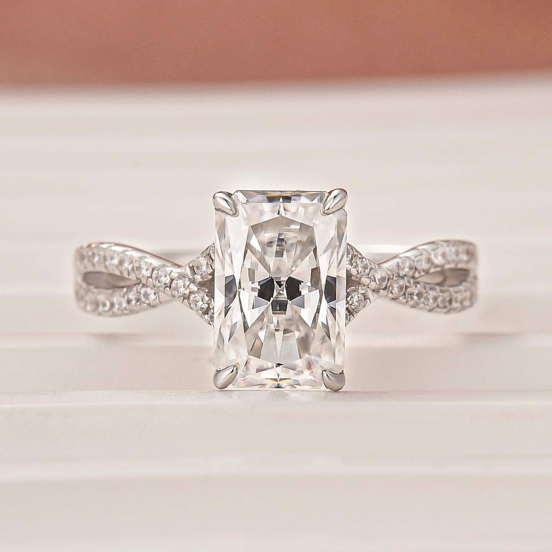 Moissanite 2.5Ct Radiant Cut Twist Hidden Halo Everyday Wearable Ring for Daily Outfit