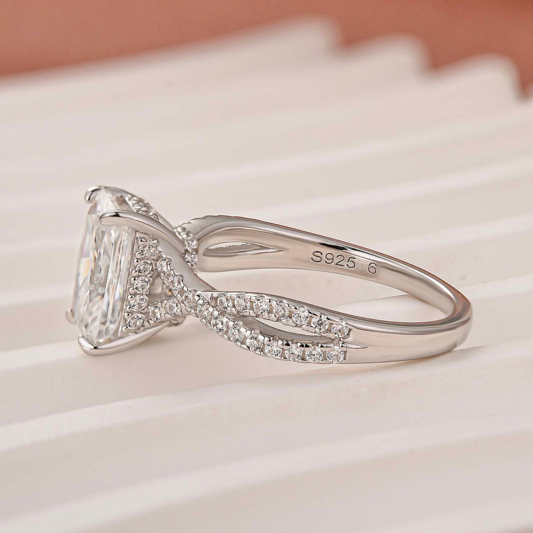 Moissanite 2.5Ct Radiant Cut Twist Hidden Halo Everyday Wearable Ring for Daily Outfit