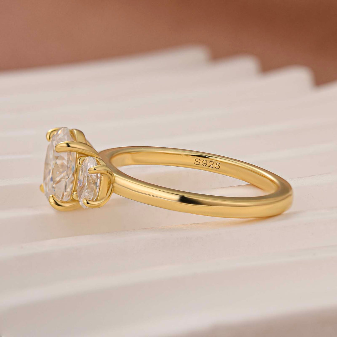 Moissanite 2.0Ct Three Stone Oval Cut 18K Yellow Gold Plated Engagement Ring In Sterling Silver