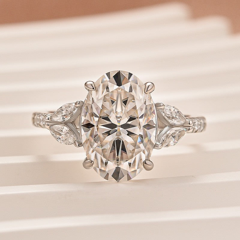Rodiffy Moissanite 4.0 Ct Oval and Angled Marquise Five Stone White Gold Engagement Ring