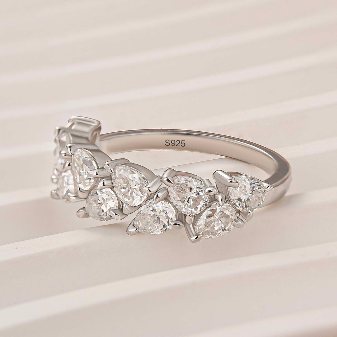 Moissanite Pear Cut 2.2Ct Half Eternity Stackable Teardrop Travel Ring in Sterling Silver