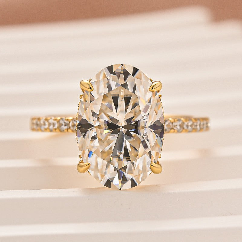 Moissanite 5.5Ct Oval Cut Hidden Halo Yellow Gold Promise Ring For Women