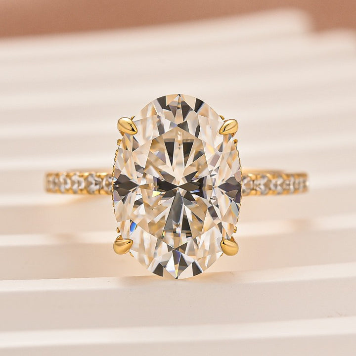 Moissanite 5.5Ct Oval Cut Hidden Halo Yellow Gold Promise Ring For Women