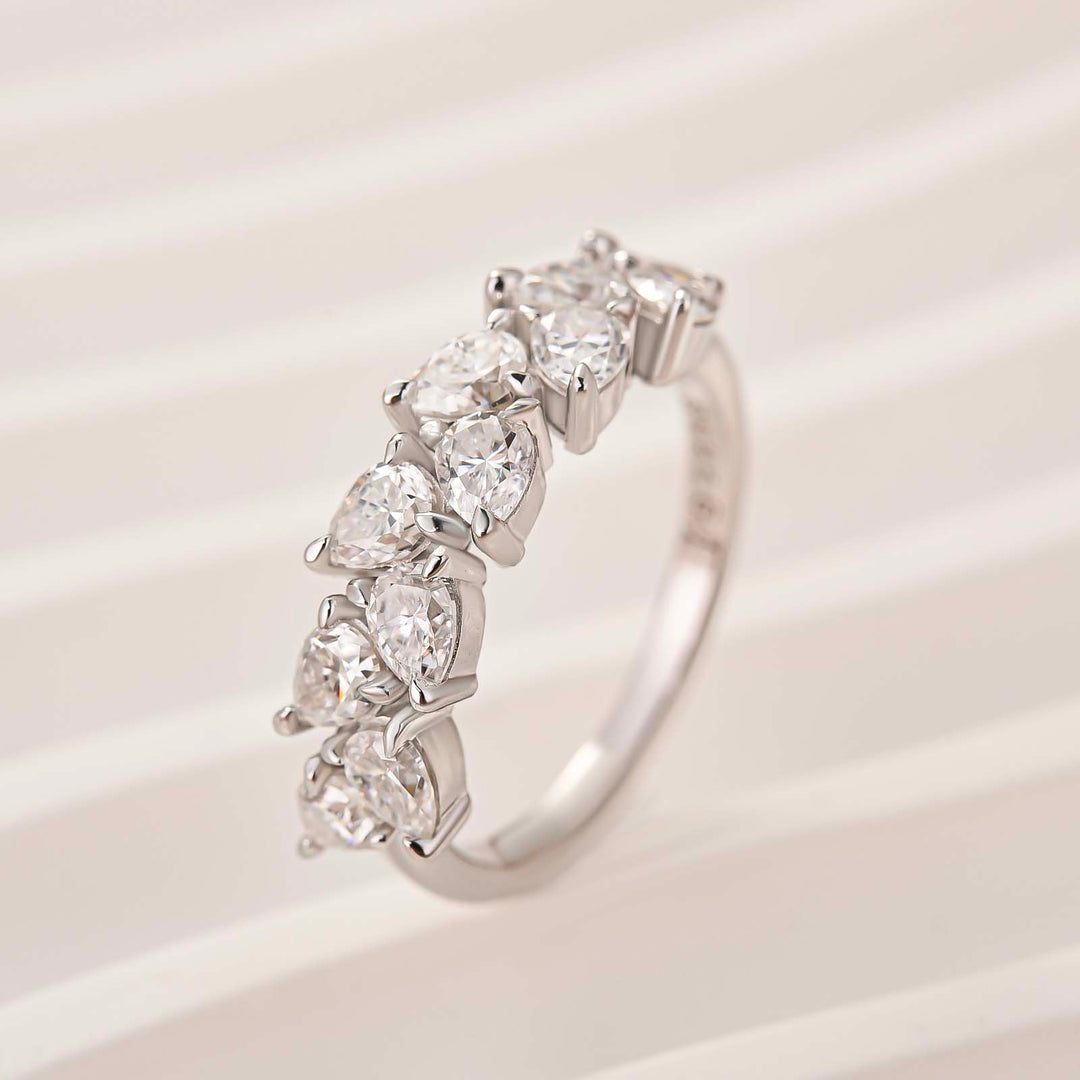 Moissanite Pear Cut 2.2Ct Half Eternity Stackable Teardrop Travel Ring in Sterling Silver