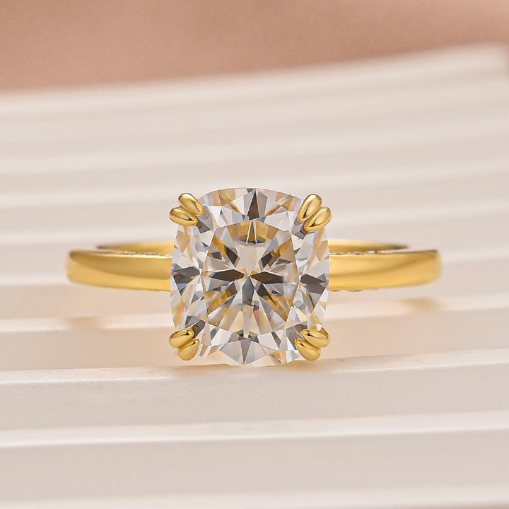 Moissanite 3.0 Ct Cushion Cut Solitaire Double Prongs Yellow Gold Promise Ring For Women