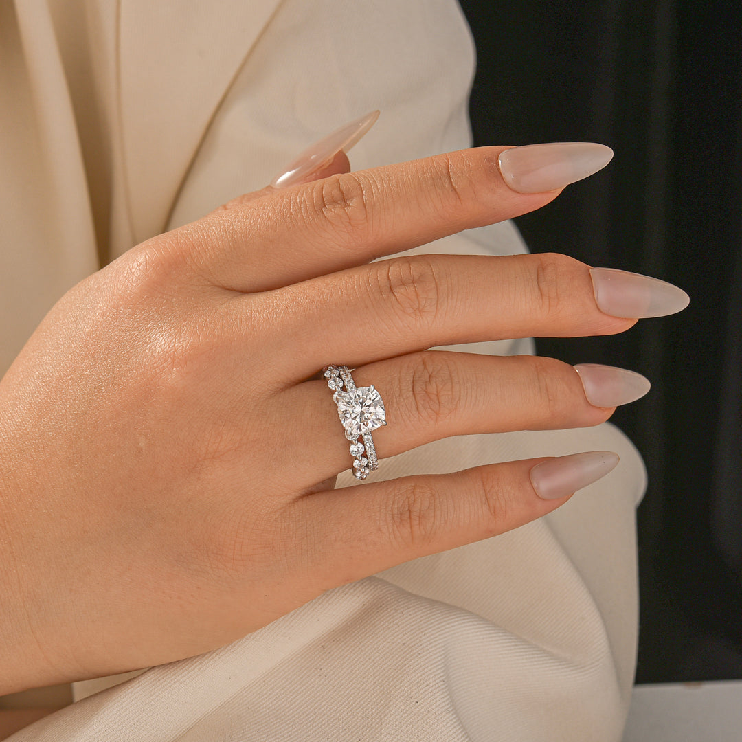 Rodiffy Moissanite 2.5Ct Cushion Cut Engagement Ring in Sterling Silver with Eternity Wedding Band