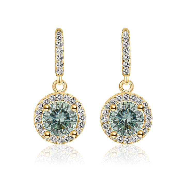 Moissanite 1.0Ct*2 Halo Green Round Cut Yellow Gold Drop Earrings In Sterling Silver