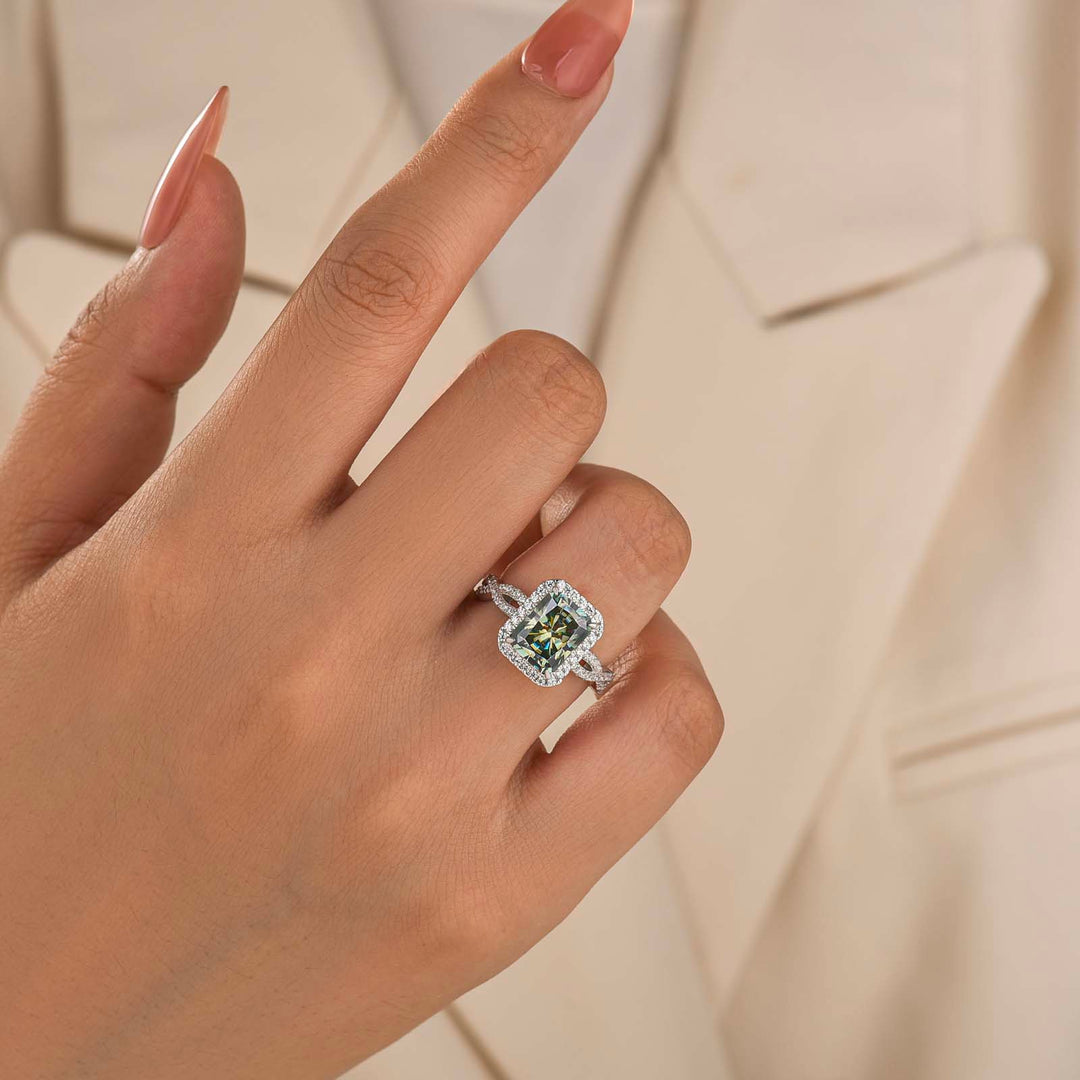 Moissanite 3.0Ct Green Radiant Sparkling Halo & Twist Band Engagement Ring