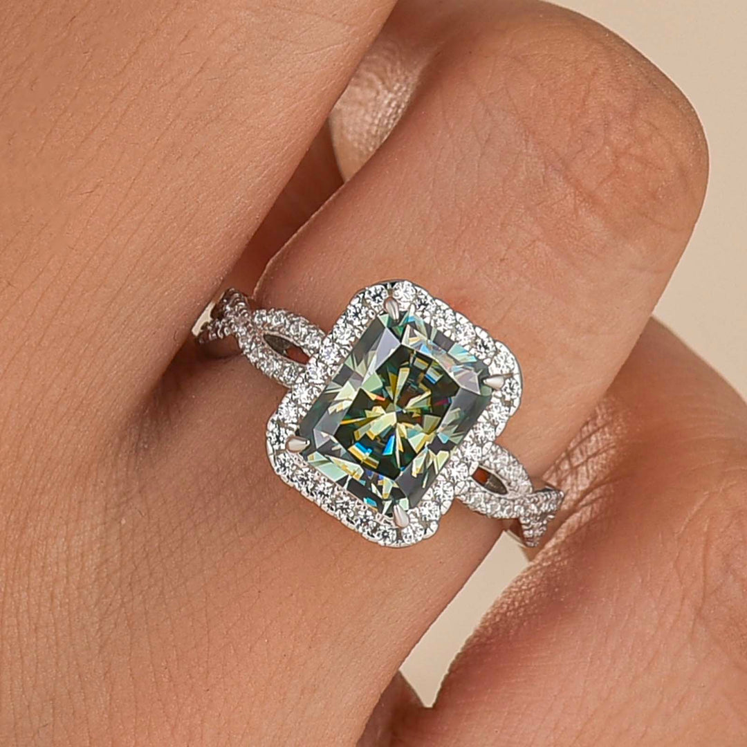Moissanite 3.0Ct Green Radiant Sparkling Halo & Twist Band Engagement Ring