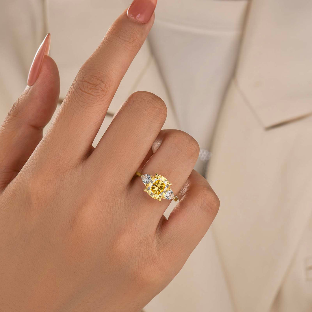 Moissanite 3.0Ct Lemon Yellow Cushion Cut Three-Stone Promise Ring For Women