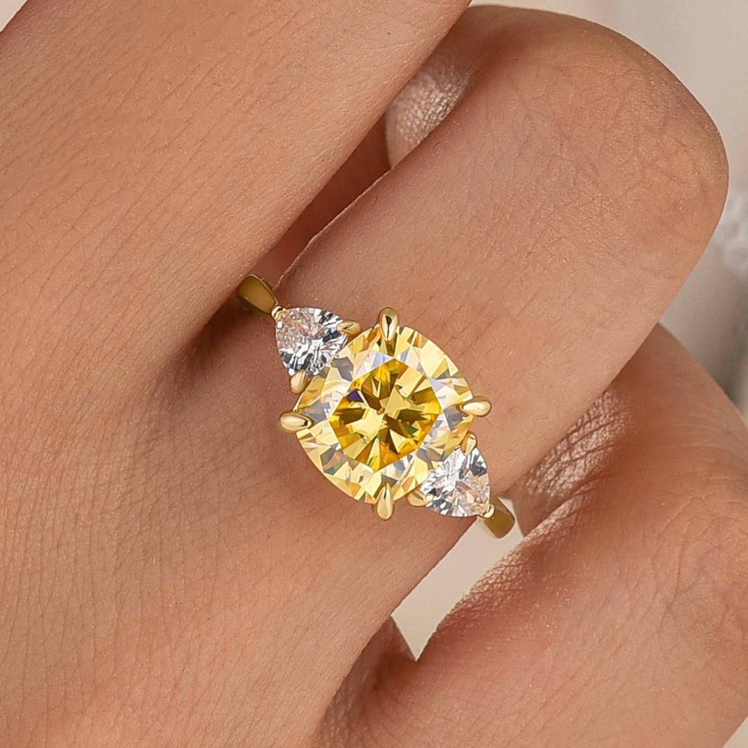 Moissanite 3.0Ct Lemon Yellow Cushion Cut Three-Stone Promise Ring For Women