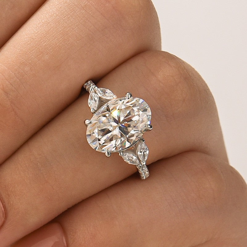 Rodiffy Moissanite 4.0 Ct Oval and Angled Marquise Five Stone White Gold Engagement Ring