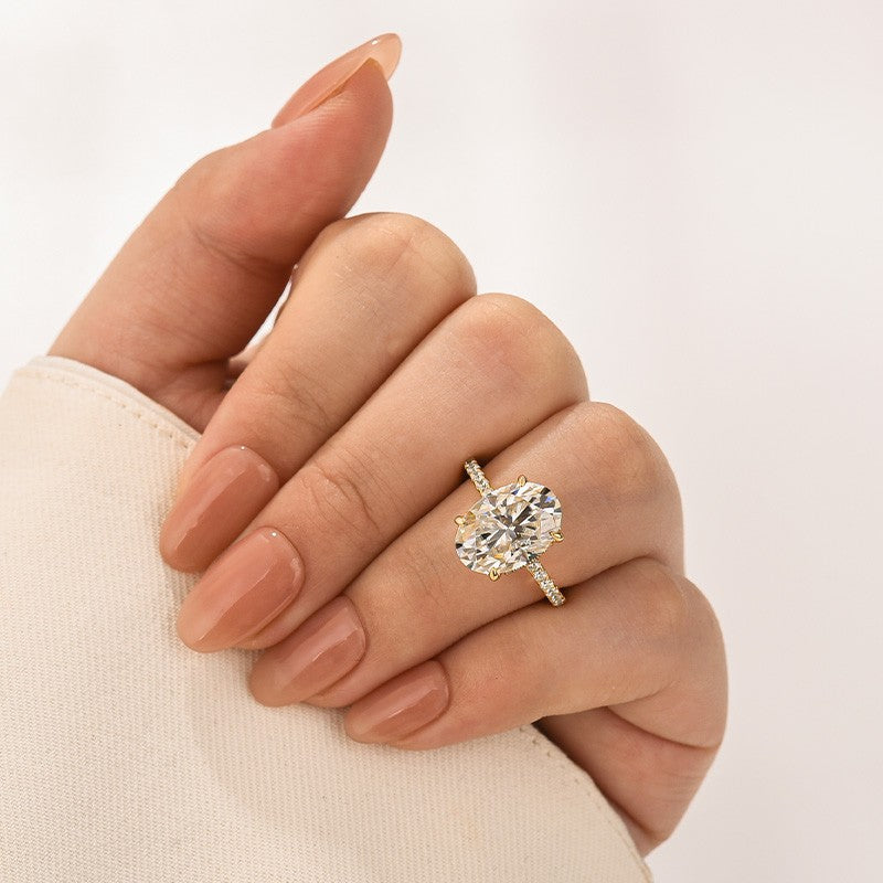 Moissanite 5.5Ct Oval Cut Hidden Halo Yellow Gold Promise Ring For Women