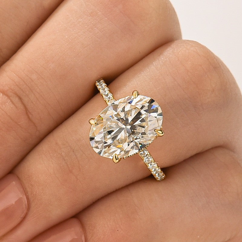 Moissanite 5.5Ct Oval Cut Hidden Halo Yellow Gold Promise Ring For Women