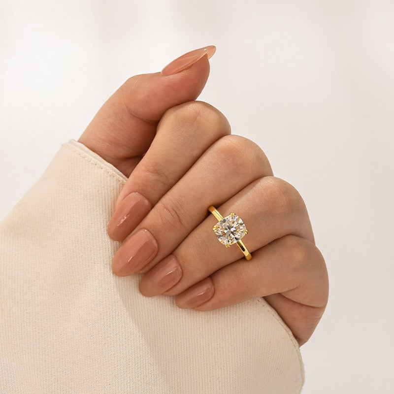 Moissanite 3.0 Ct Cushion Cut Solitaire Double Prongs Yellow Gold Promise Ring For Women