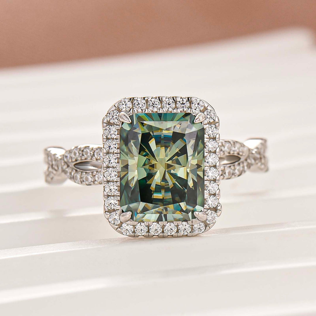 Moissanite 3.0Ct Green Radiant Sparkling Halo & Twist Band Engagement Ring