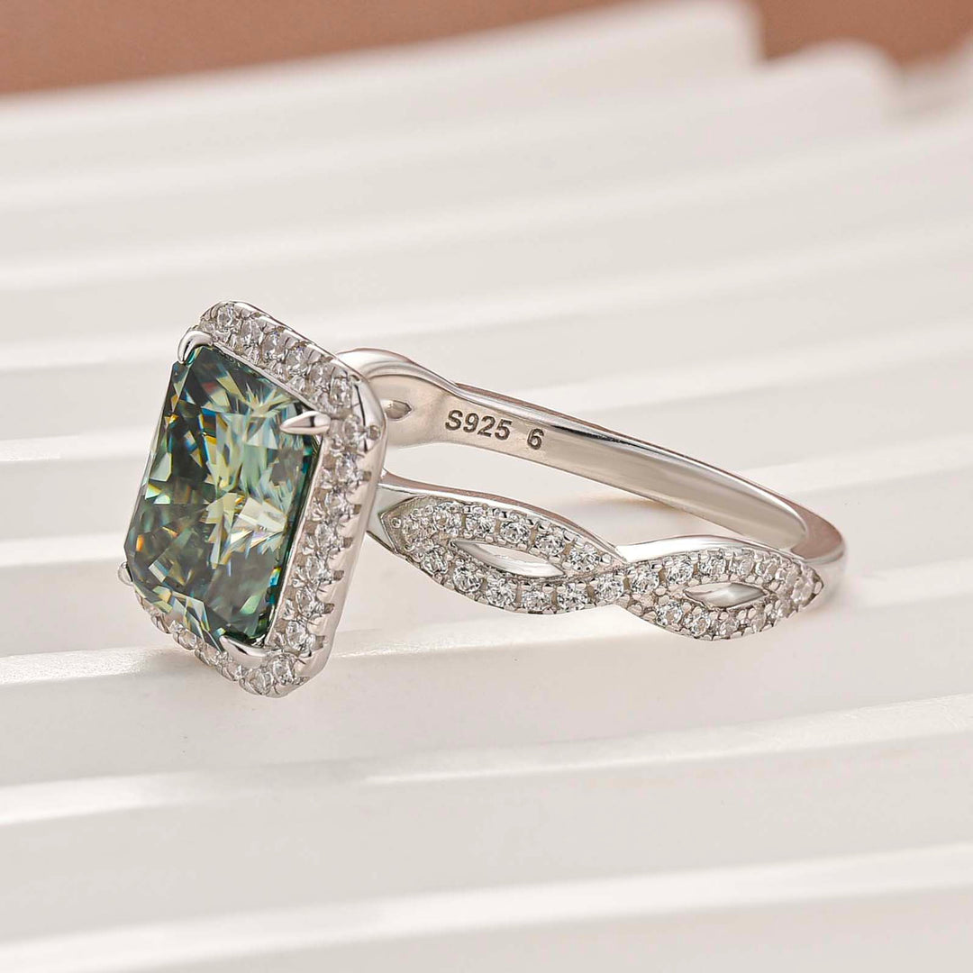 Moissanite 3.0Ct Green Radiant Sparkling Halo & Twist Band Engagement Ring