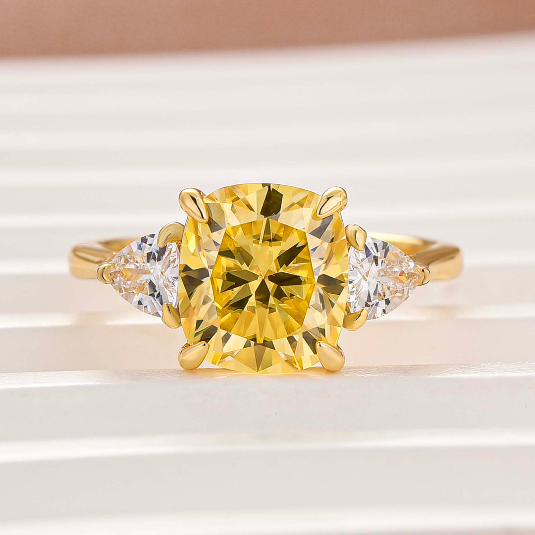 Moissanite 3.0Ct Lemon Yellow Cushion Cut Three-Stone Promise Ring For Women