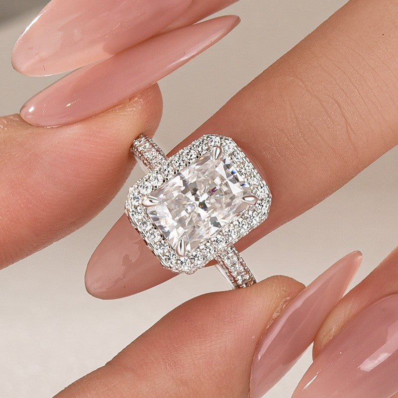 Moissanite 3.5Ct Radiant Cut Halo Engagement Ring In Sterling Silver