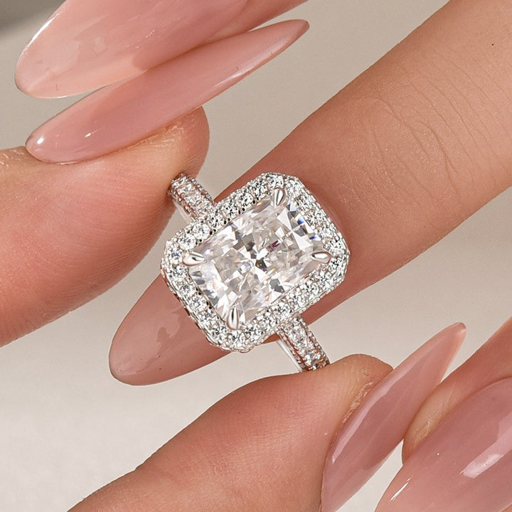 Moissanite 3.5Ct Radiant Cut Halo Engagement Ring In Sterling Silver