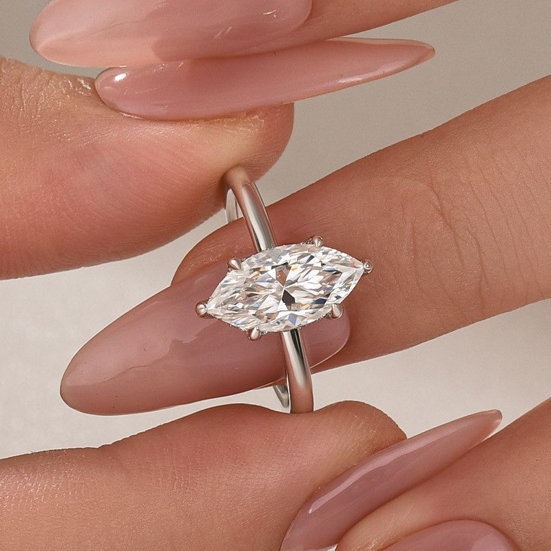 S925 Moissanite 1.0Ct~3.0Ct Marquise Cut Solitaire Yellow Gold Promise Ring For Women