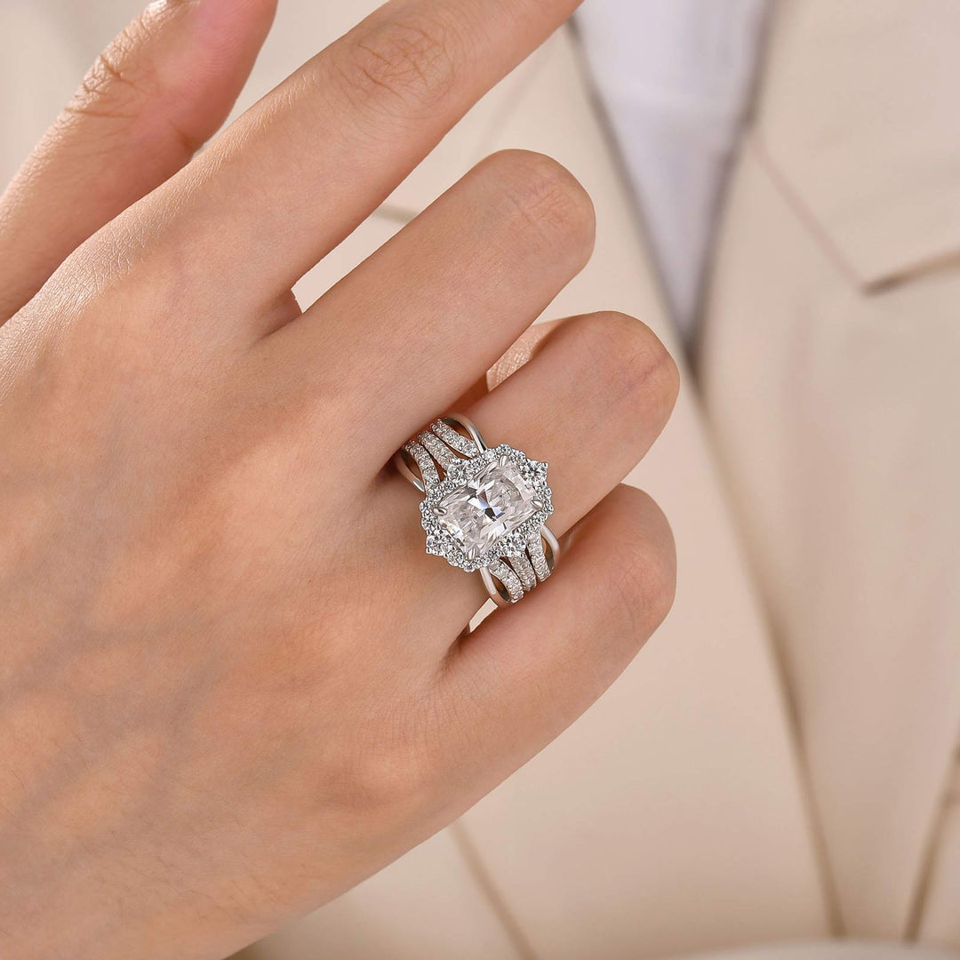 Moissanite 3.5CT Radiant Cut Enhancer Vintage Halo Bridal Ring Set In Sterling Silver