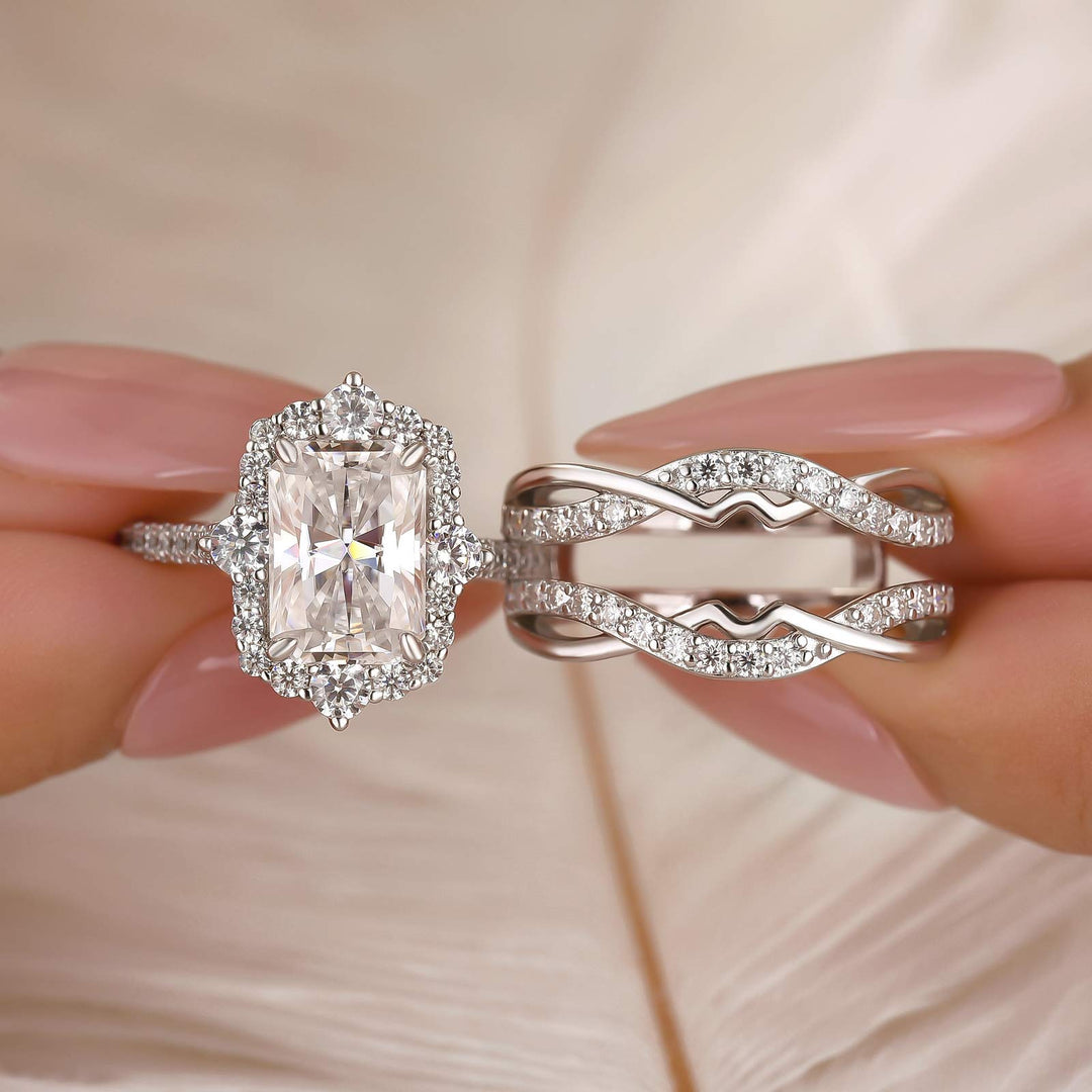 Moissanite 3.5CT Radiant Cut Enhancer Vintage Halo Bridal Ring Set In Sterling Silver