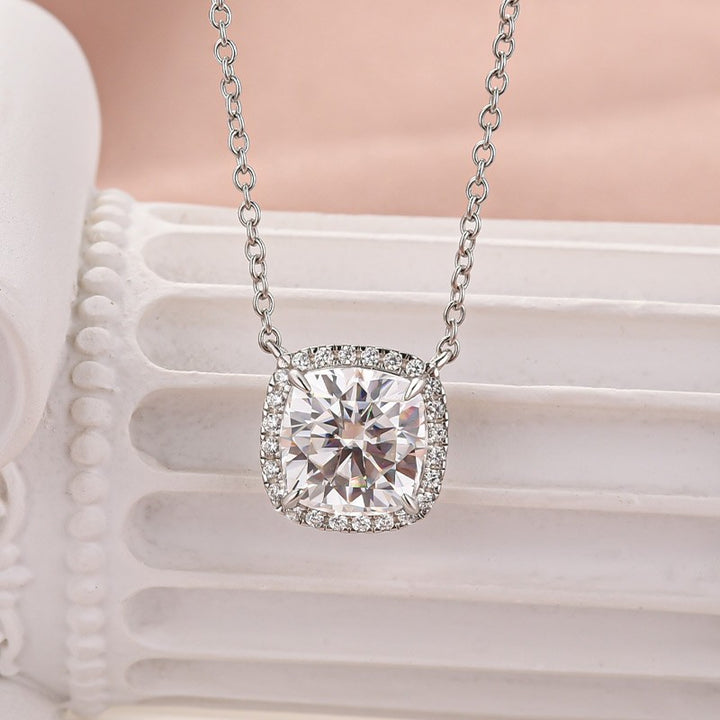 Moissanite Halo 3.0Ct Cushion Cut Pendant Necklace