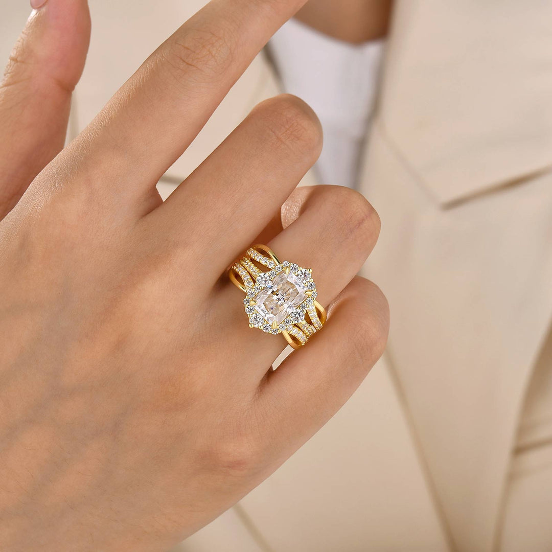 Moissanite 3.5CT Radiant Cut Enhancer Vintage Halo Bridal Ring Set In Sterling Silver