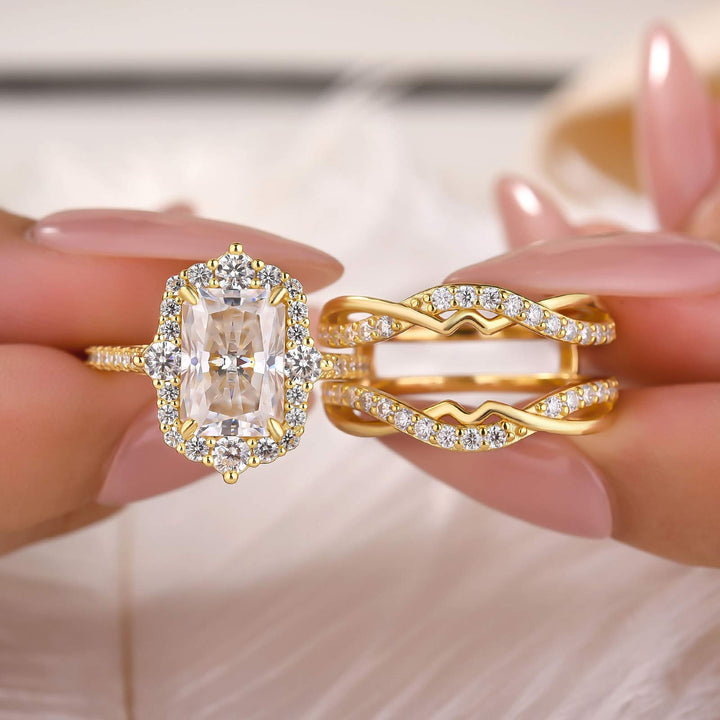 Moissanite 3.5CT Radiant Cut Enhancer Vintage Halo Bridal Ring Set In Sterling Silver