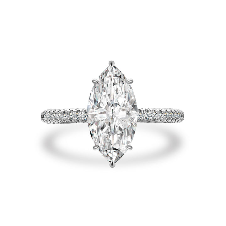 Moissanite 3.0Ct Marquise Cut Solitaire Engagement Ring with Pave Three-Sided Band in 18K White Gold Plated Sterling Silver