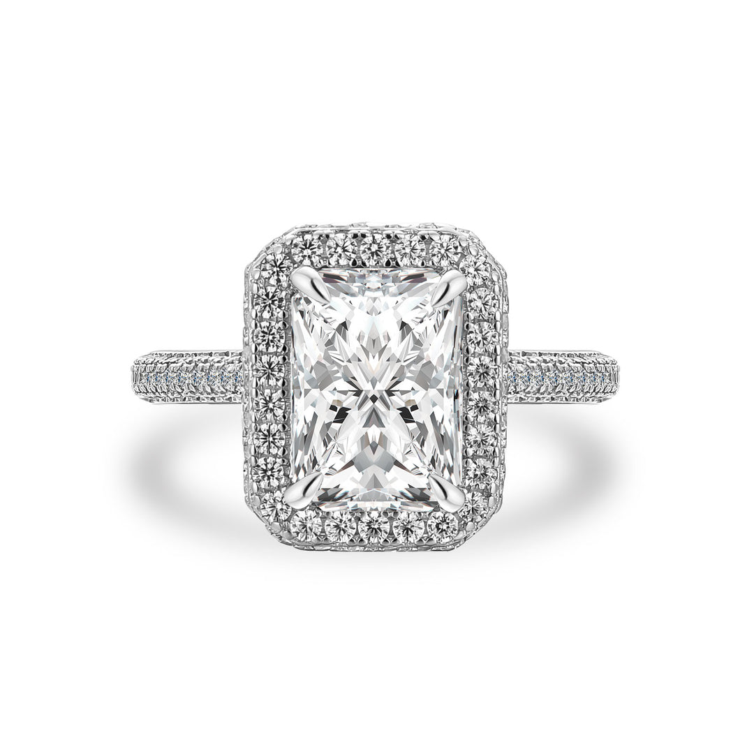 Moissanite 3.5Ct Radiant Cut Halo Engagement Ring In Sterling Silver