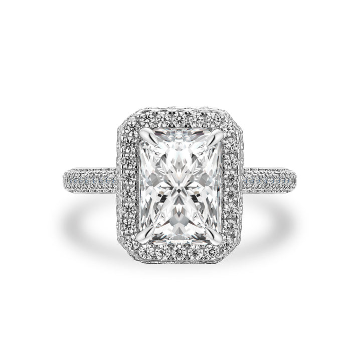 Moissanite 3.5Ct Radiant Cut Halo Engagement Ring In Sterling Silver
