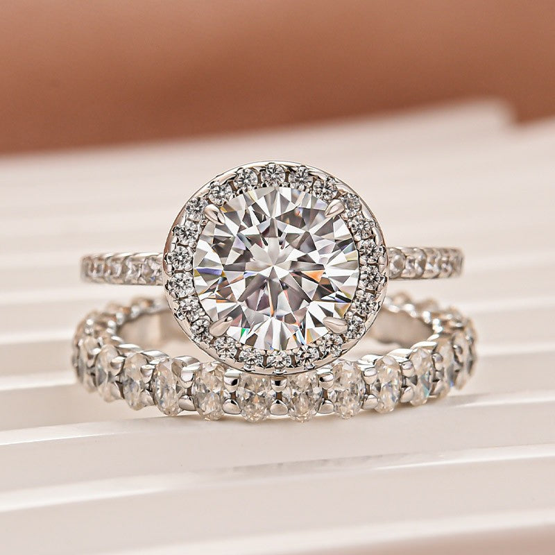 Rodiffy Moissanite 2.0 Ct Halo Round Cut White Gold Wedding Ring with Oval Cut Wedding Band
