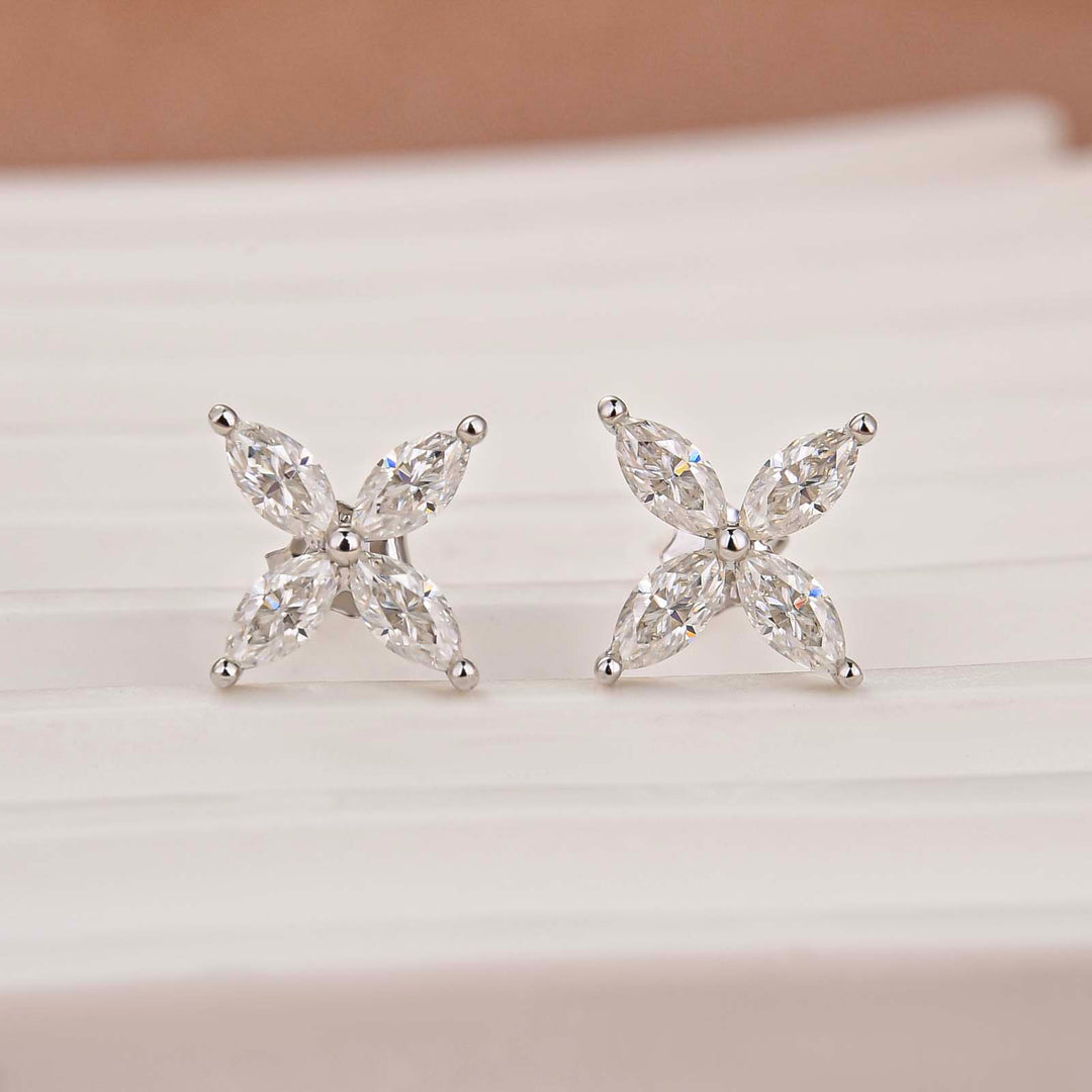 S925 Moissanite 0.8Ct*2 Marquise Floral Stud Earrings