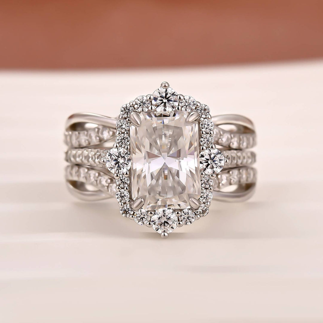 Moissanite 3.5CT Radiant Cut Enhancer Vintage Halo Bridal Ring Set In Sterling Silver
