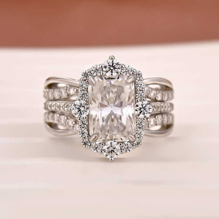 Moissanite 3.5CT Radiant Cut Enhancer Vintage Halo Bridal Ring Set In Sterling Silver