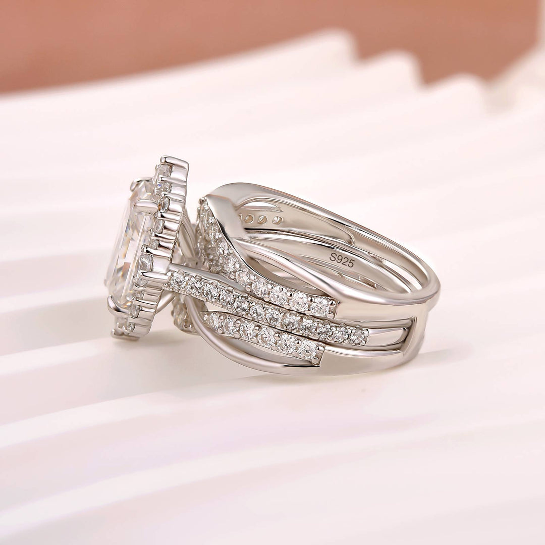 Moissanite 3.5CT Radiant Cut Enhancer Vintage Halo Bridal Ring Set In Sterling Silver