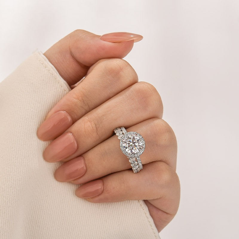 Rodiffy Moissanite 2.0 Ct Halo Round Cut White Gold Wedding Ring with Oval Cut Wedding Band