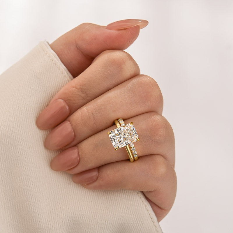 Moissanite 4.5 Ct Radiant Cut Yellow Gold Engagement Ring with Open Wedding Band