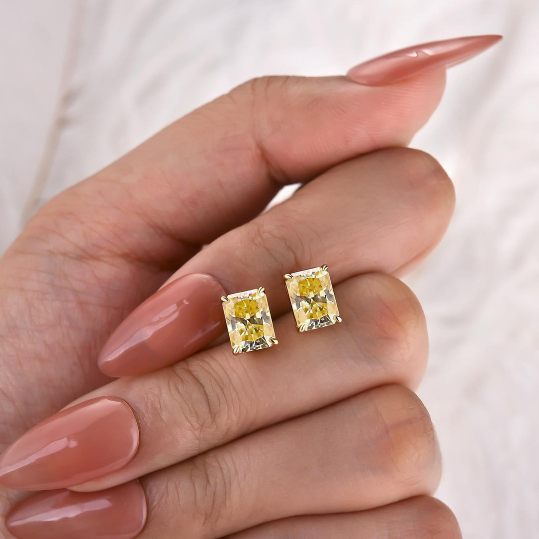 Moissanite 2.0Ct*2 Lemon Yellow Radiant Cut Stud Earrings