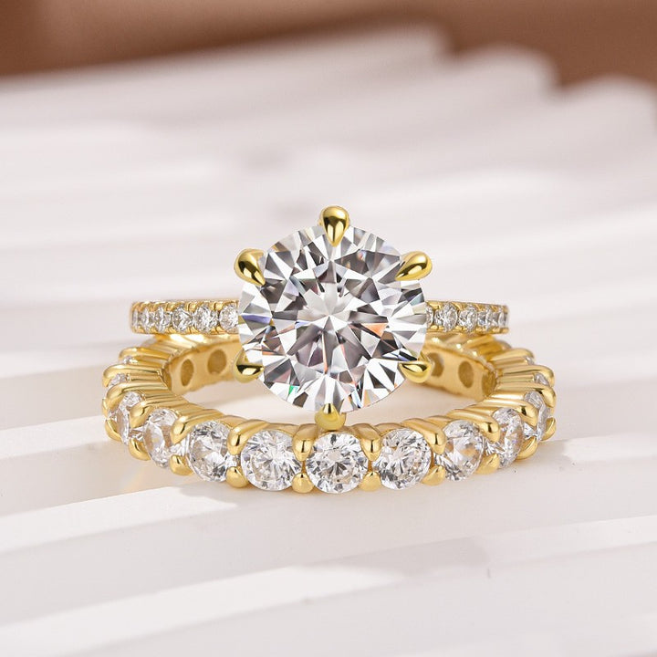 Moissanite 2.0Ct~4.0Ct Round Cut Yellow Gold Wedding Ring Set