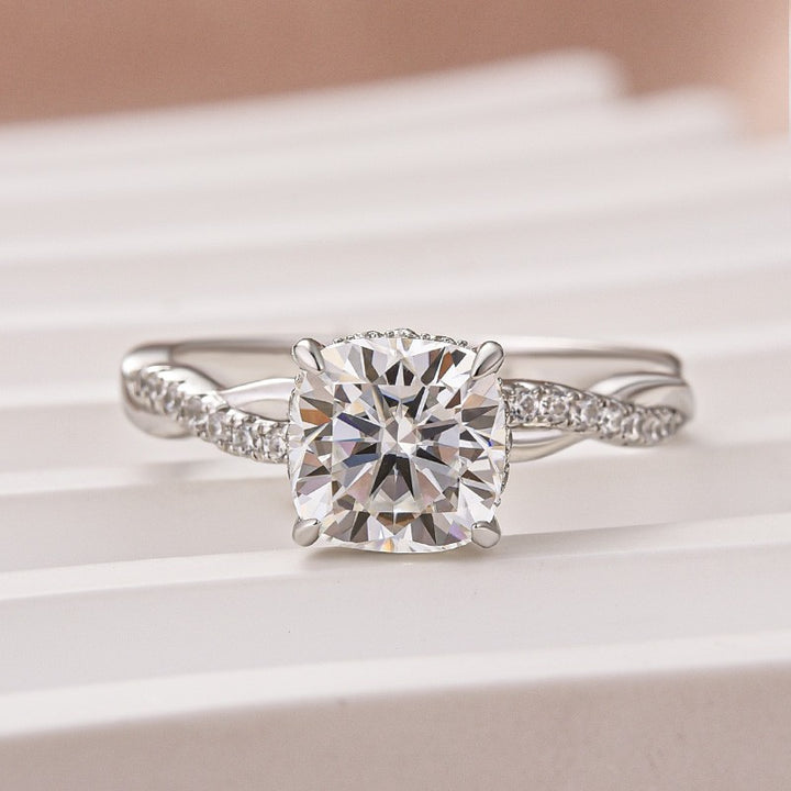 Moissanite 2.0Ct Cushion Cut Twist Engagement Ring Travel Ring In Sterling Silver
