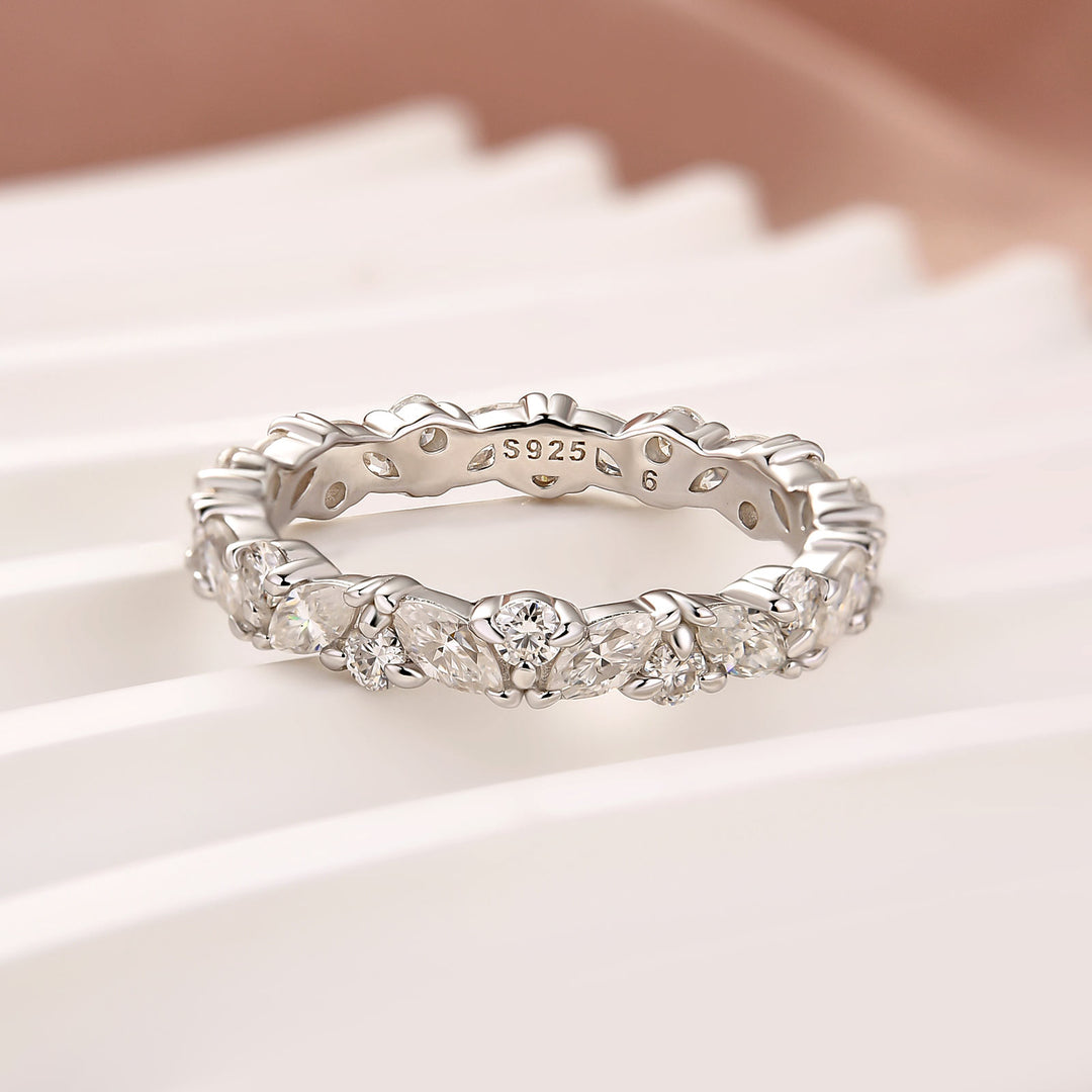 Moissanite Fashion Design Marquise Cut & Round Cut Wedding Band In Sterling Silver