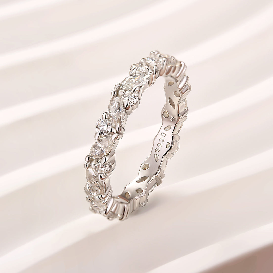 Moissanite Fashion Design Marquise Cut & Round Cut Wedding Band In Sterling Silver