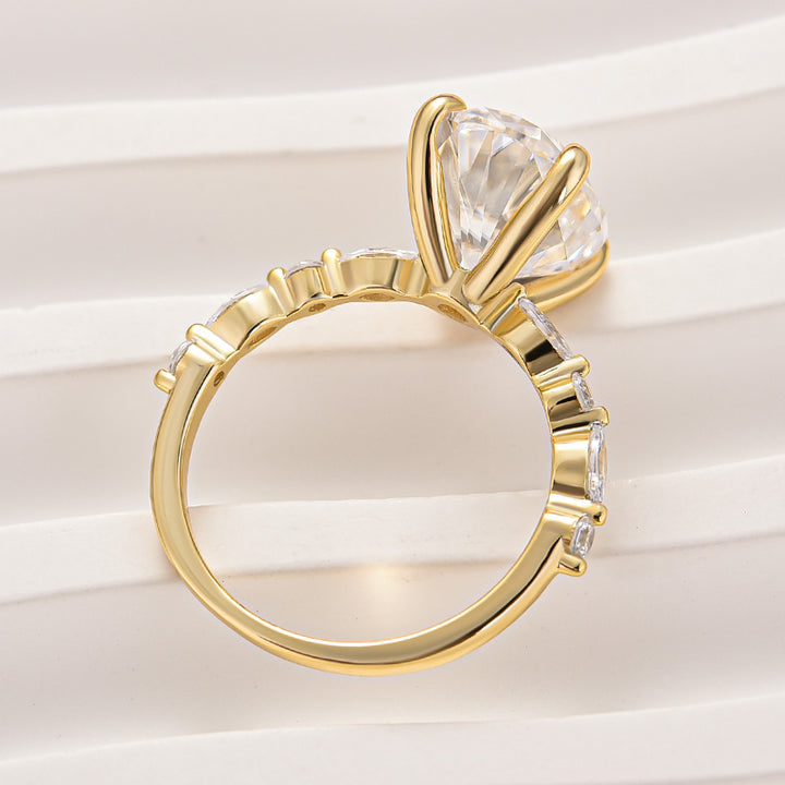 Moissanite 5.5Ct Oval Cut Side Stone Yellow Gold Engagement Ring